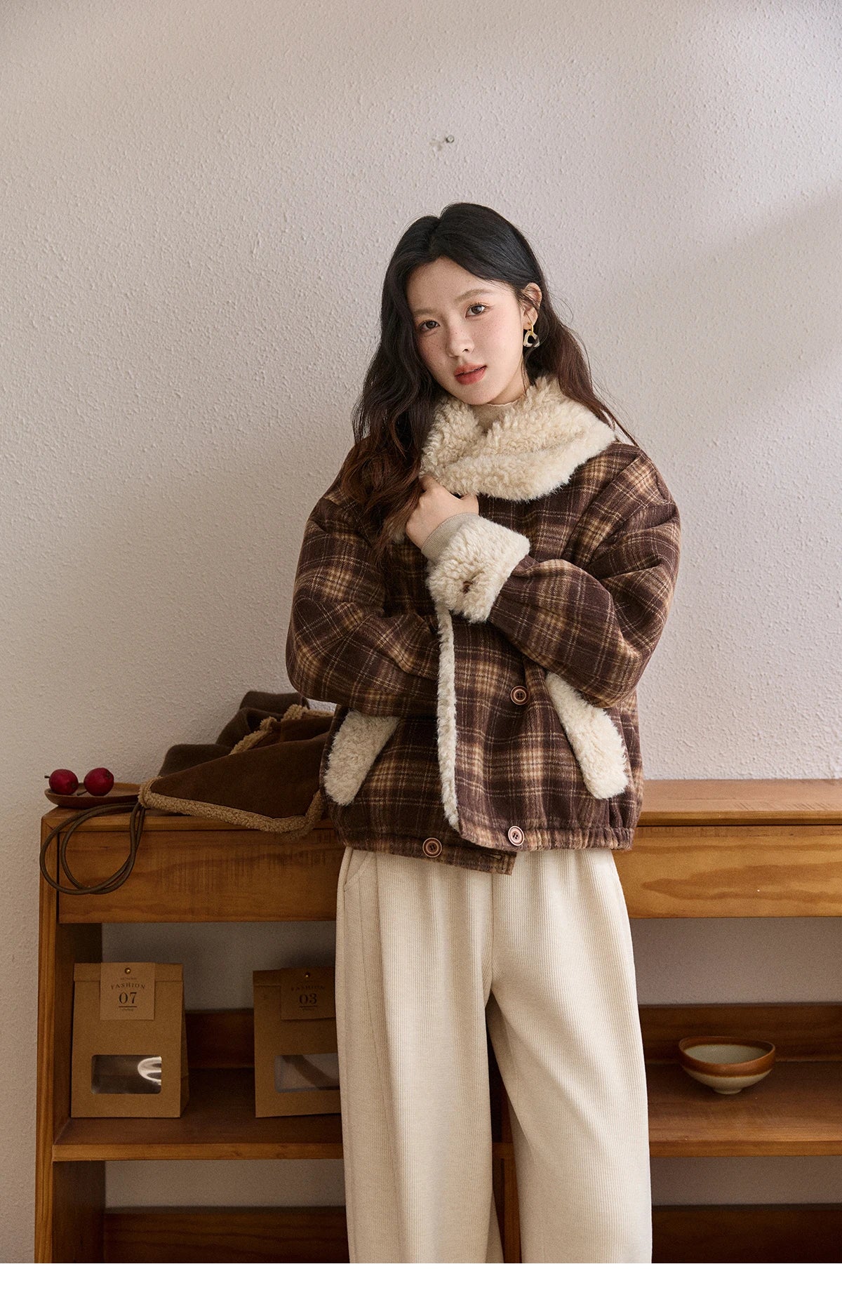 Mishow Retro Plaid Large Lapel Padded Jacket MXE87W1004