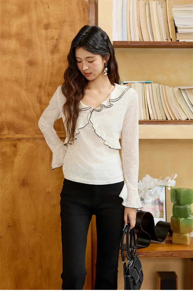 MISHOW Lace Blouse V-Neck Ruffle Edge Contrast Embroidery Flare Sleeve MXE45X2483