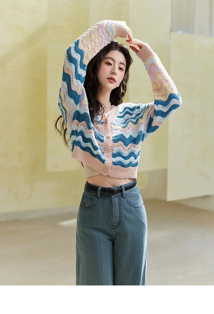 Mishow Color Stripe V-Neck Loose Cardigan MXE16Z1203