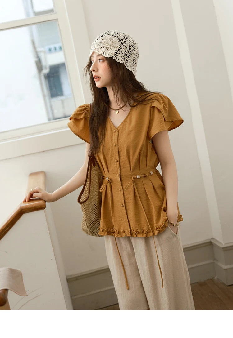 MISHOW Petal Sleeve Slim Shirt V-Neck Bead Belt MXE39X1881