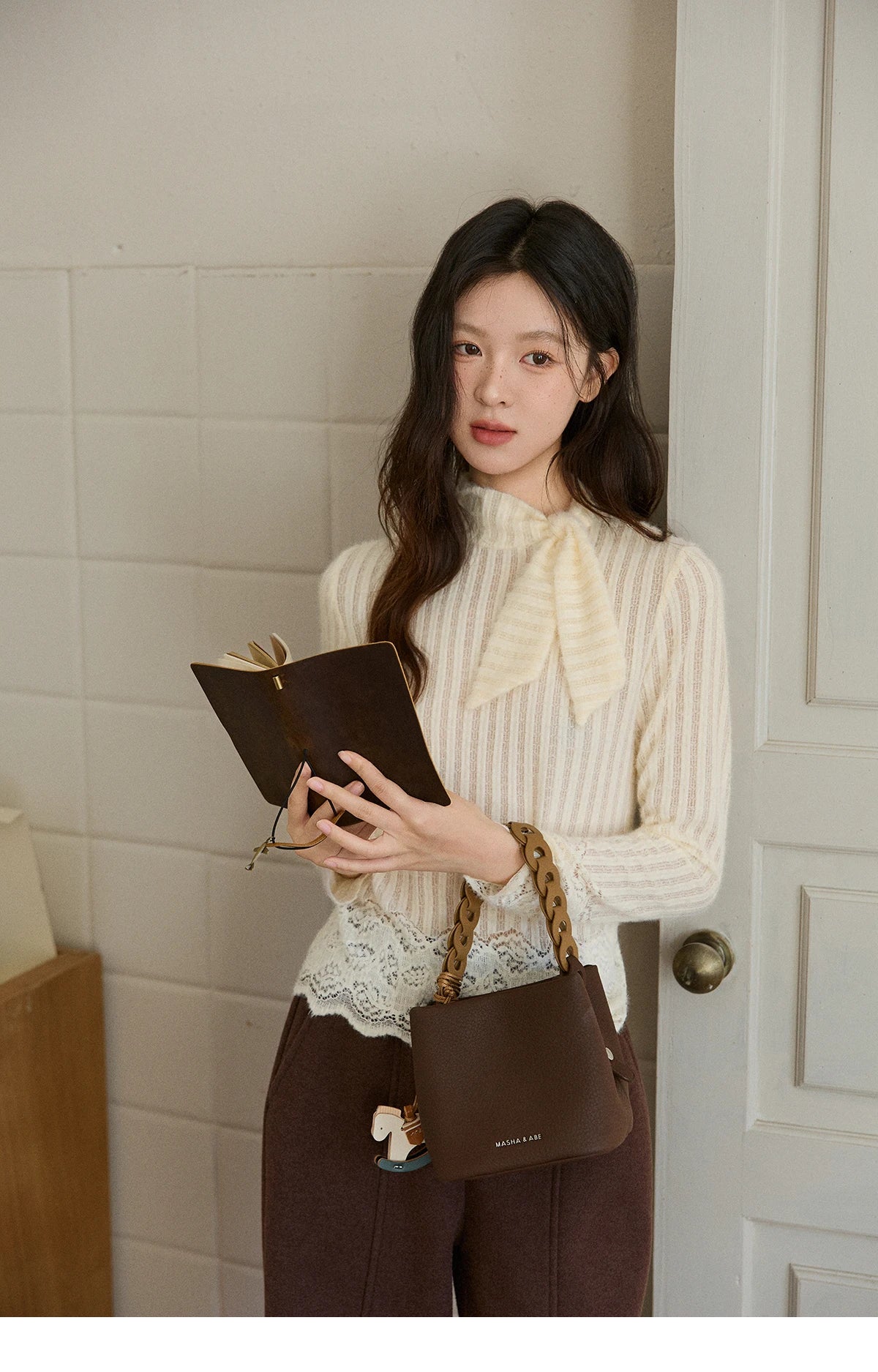 Mishow French Lace-Up Vertical Stripe Knit Top MXE92Z2797