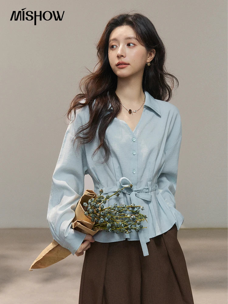 MISHOW Light Blue Lyocell Shirt V-Neck Belted Waist MXF13C2437