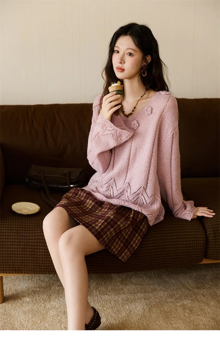 Mishow Purple Hollow Wave V-Neck Crochet Pullover MXE45Z1391