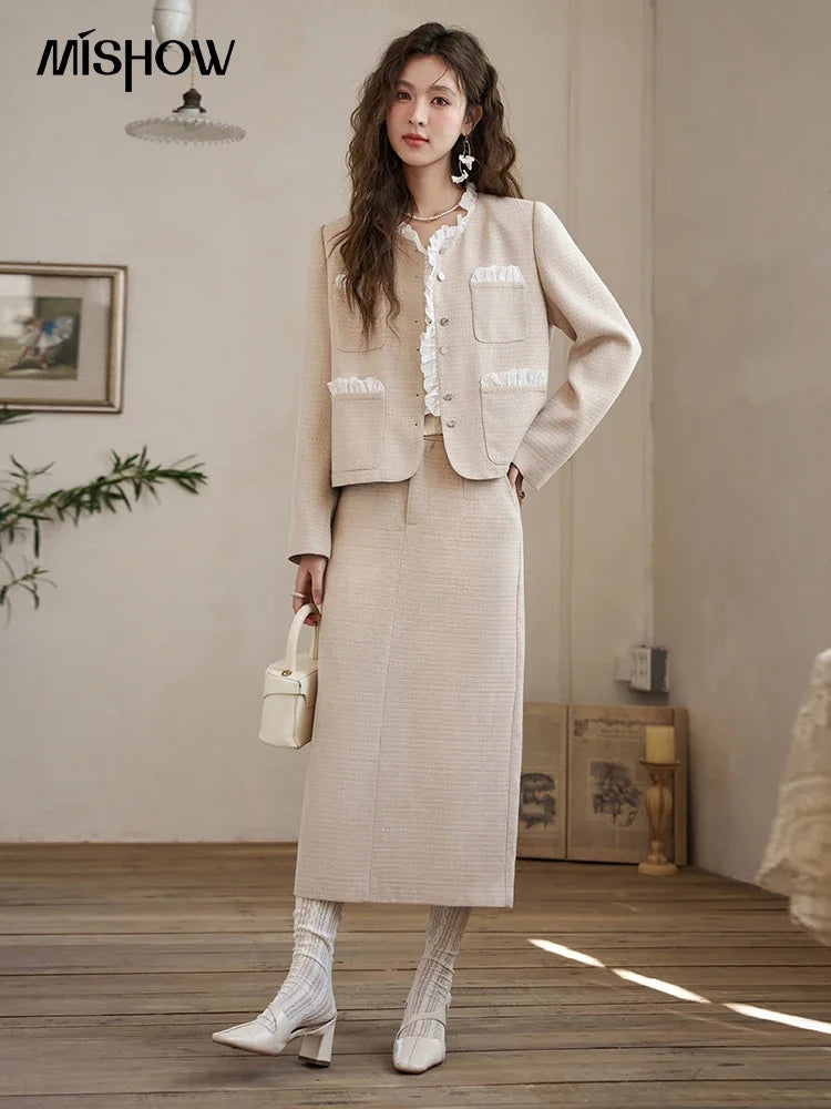 Mishow French Fragrant Collar Coat & Split Back Skirt Set MXD12W0274