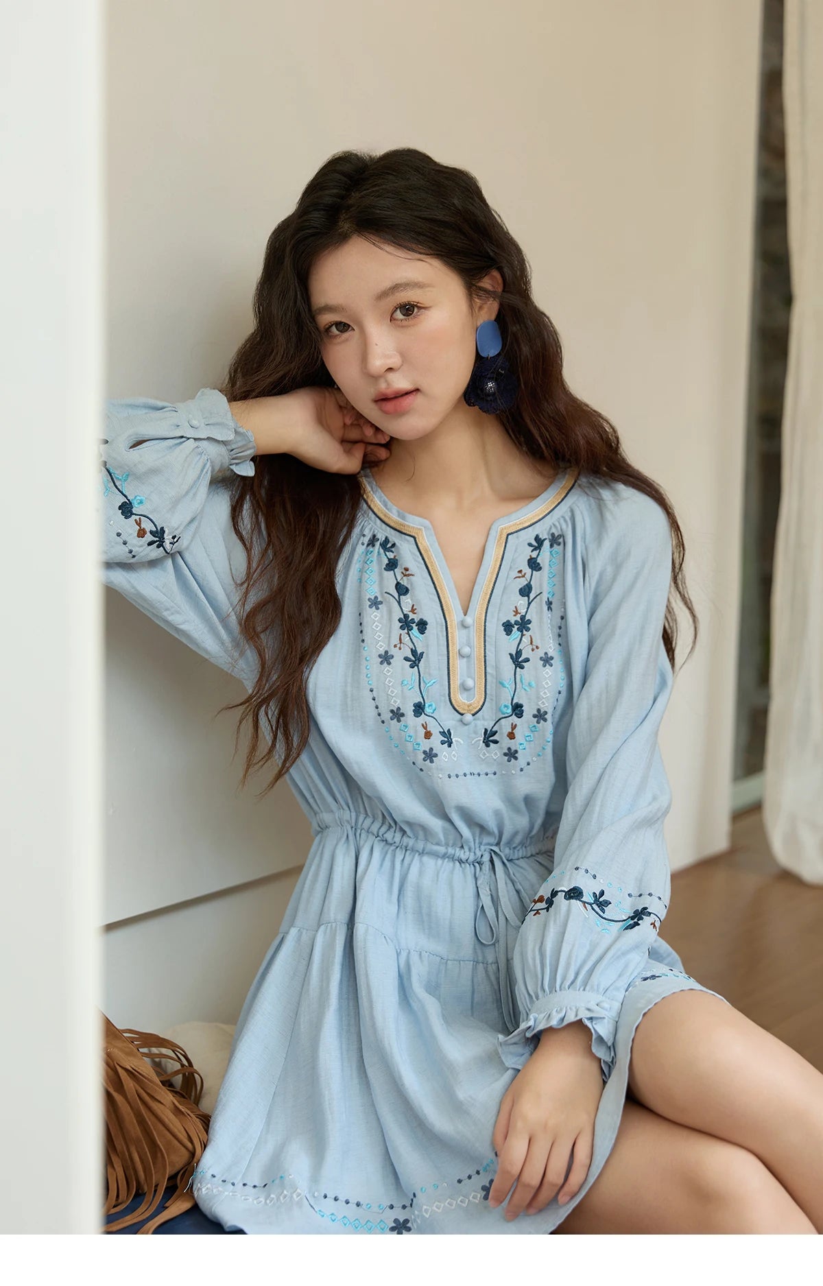 Mishow V-Neck Embroidered Drawstring Bohemian Dress MXE44L2489
