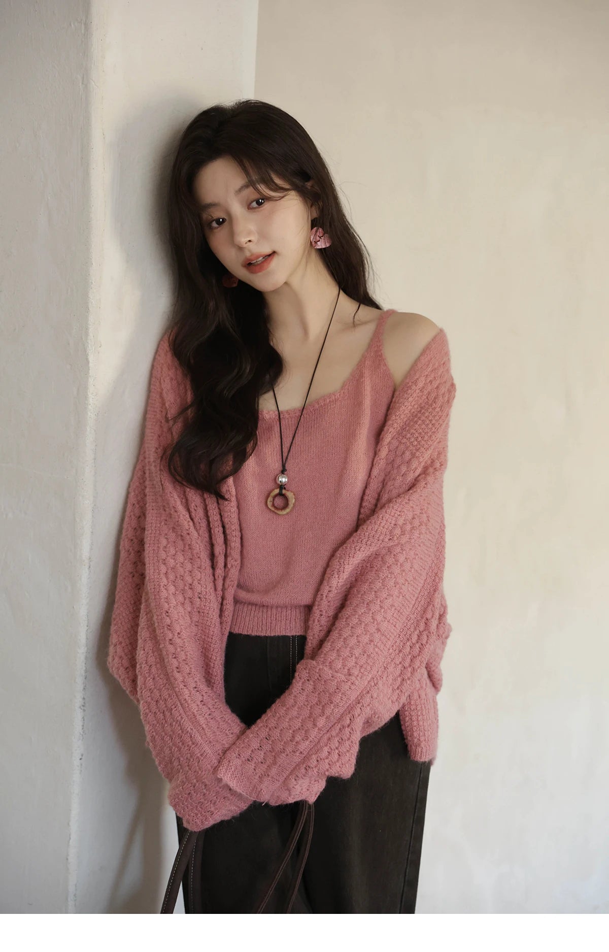 Mishow Pink Long Sleeves Cardigan with Vest Set MXE44T0737