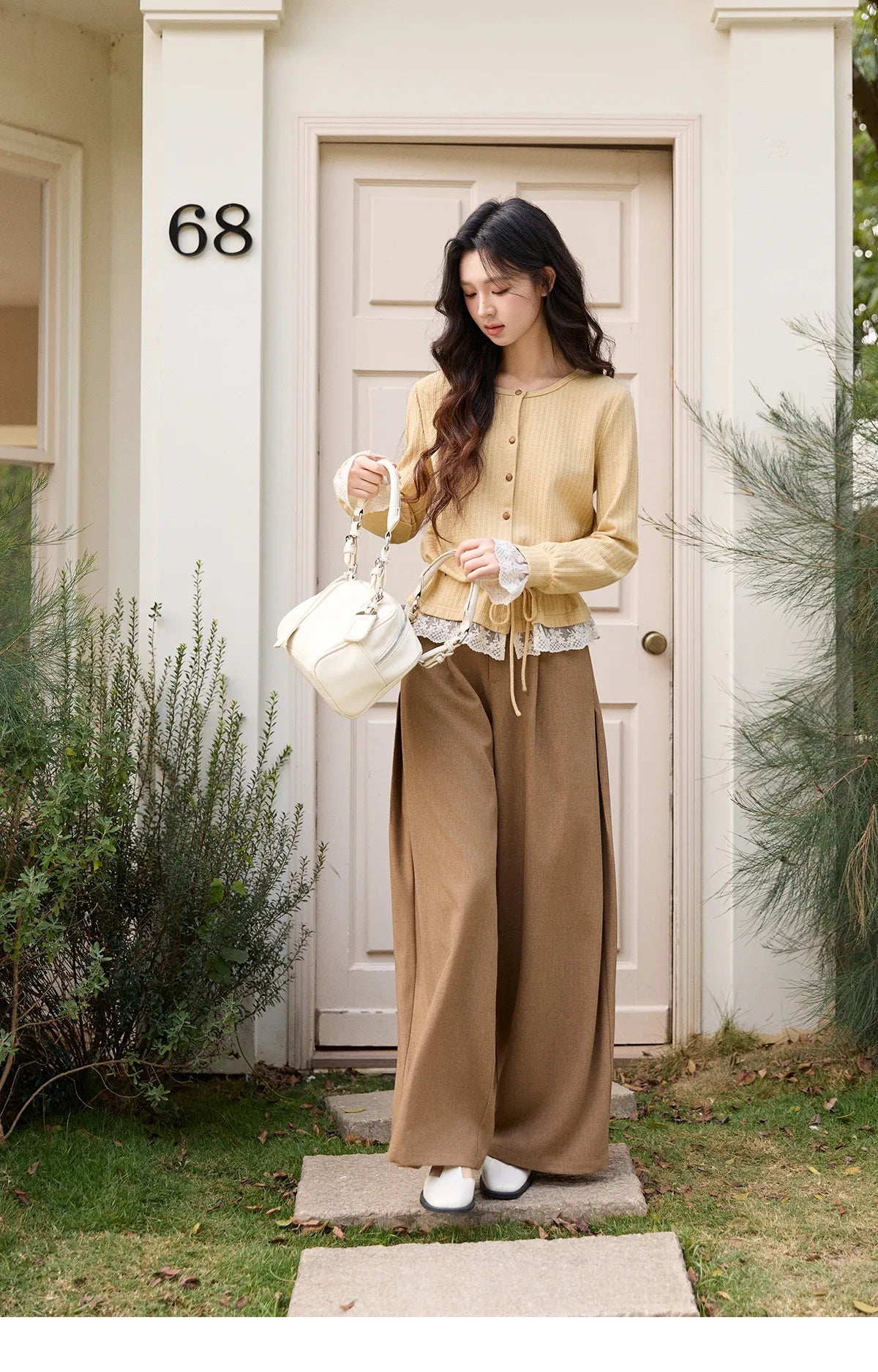 Mishow Yellow Ribbed Lace Trim Drawstring Cardigan MXF11Z2919