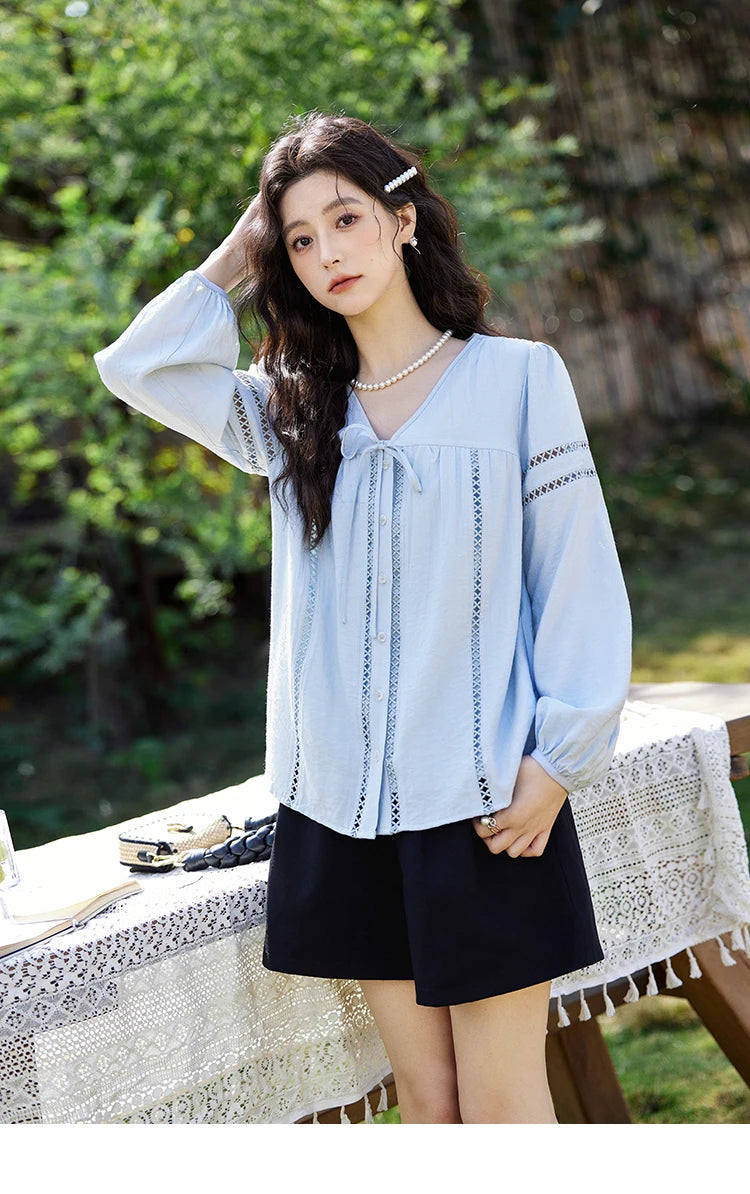 MISHOW Blue V-Neck Shirt Lace-Up Hollow Lantern Sleeve MXE12C0411