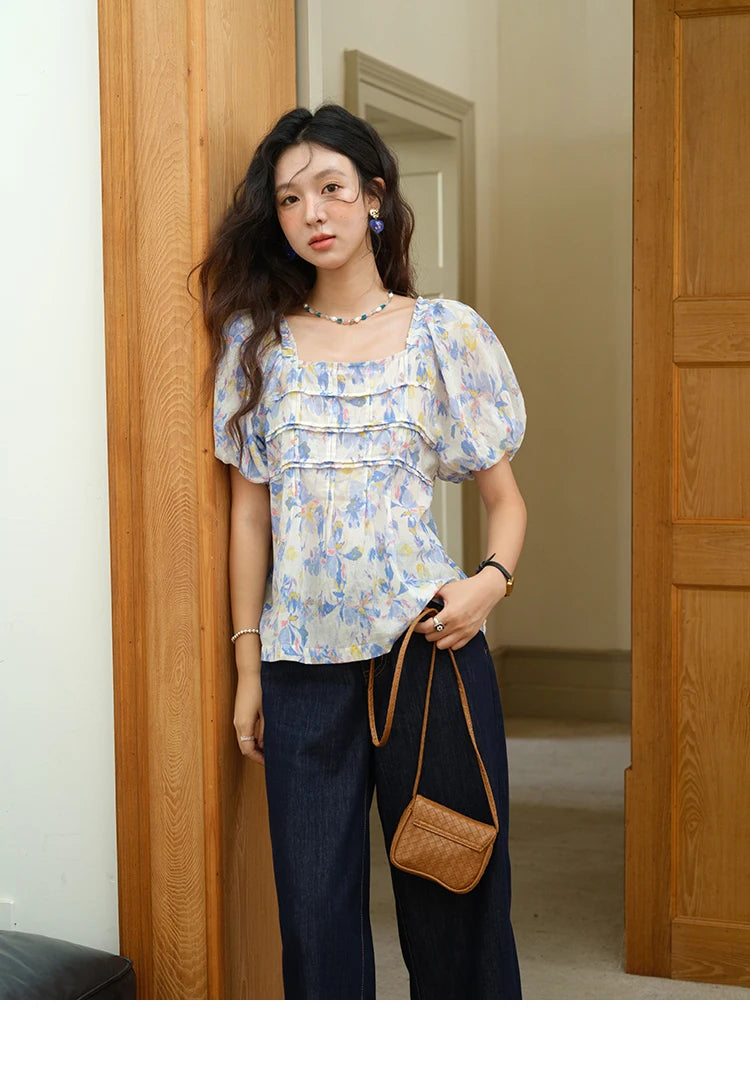 MISHOW Square Neck Puff Sleeve Blouse Print Top MXE39X1937