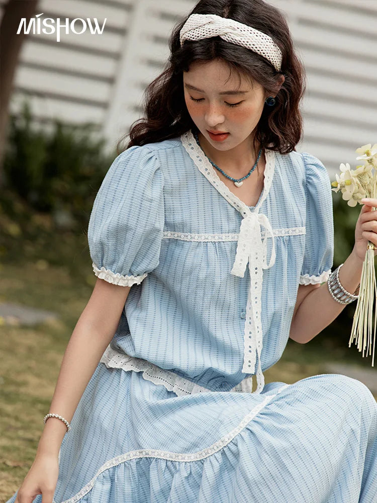 Mishow Blue Stripe V-Neck Top & A-Line Skirt Set MXE31T0531