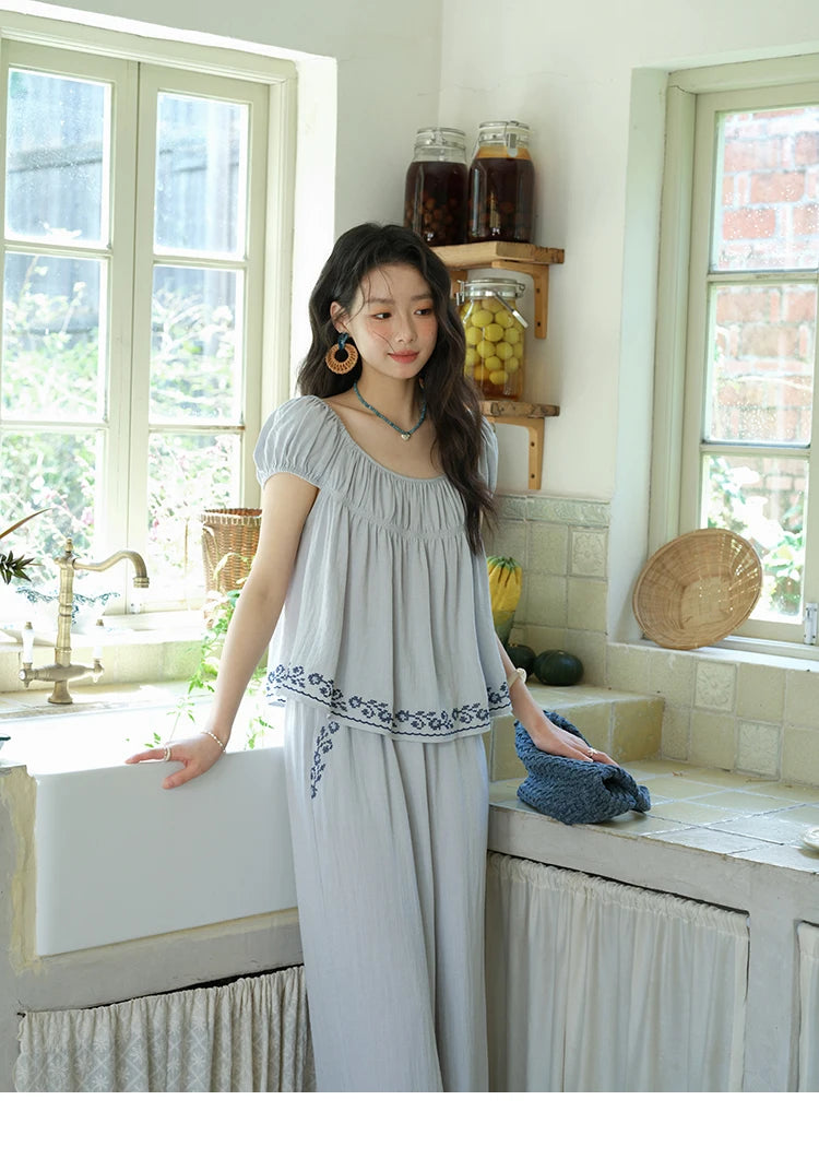 Mishow Embroidery Flower Round Neck Blouse & Pocket Wide Leg Pants Set MXE39T0669