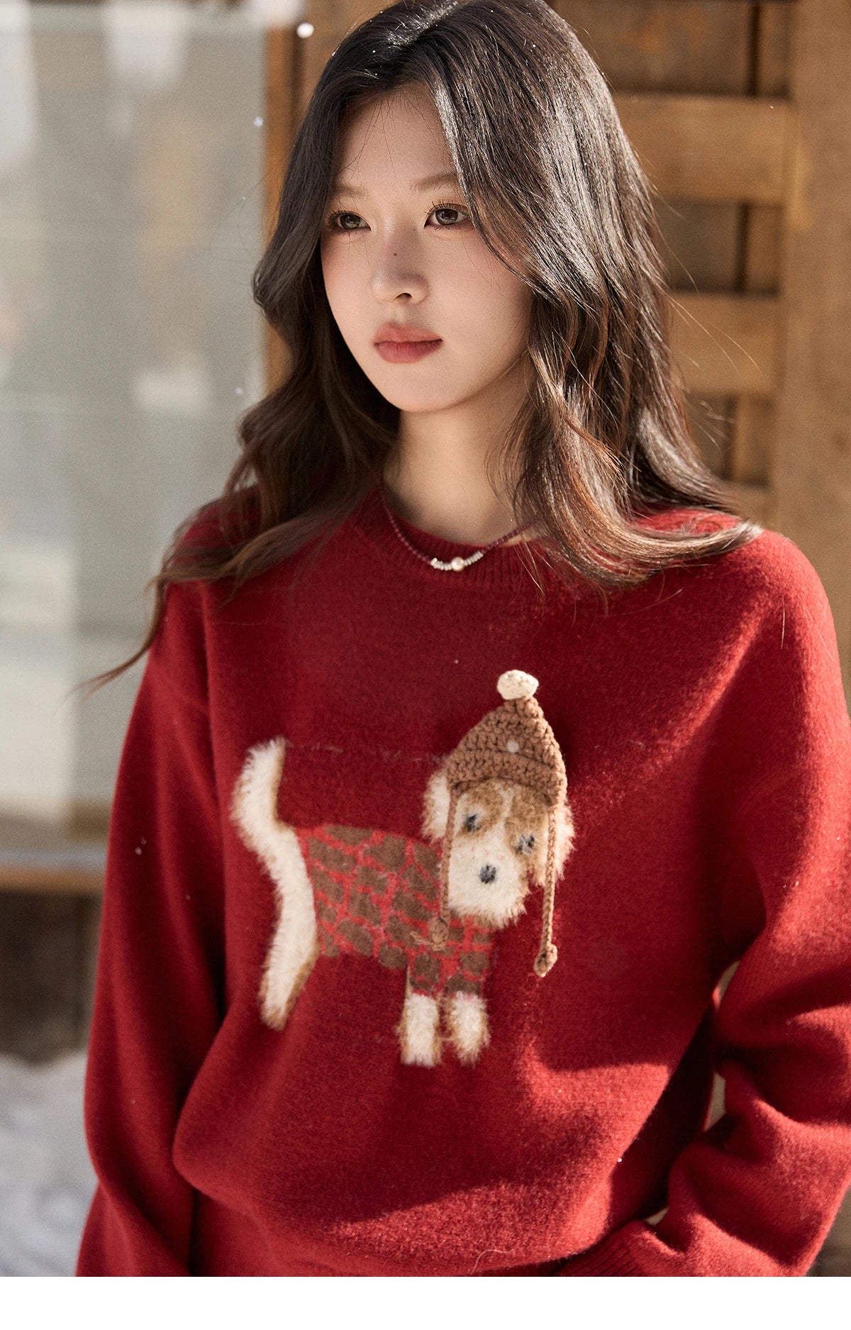 Mishow Red Dog Pattern Crew Neck Sweater MXE93Z2811
