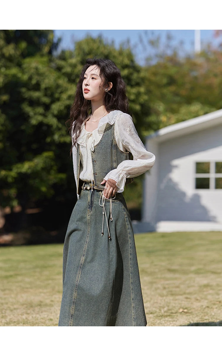 Mishow Korean Denim Vest Coat & Slim A-Line Midi Skirt Set MXE13W0731