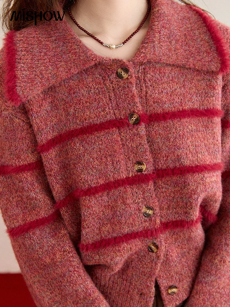 Mishow Red Striped Large Lapel Fleece Cardigan MXE94Z2888