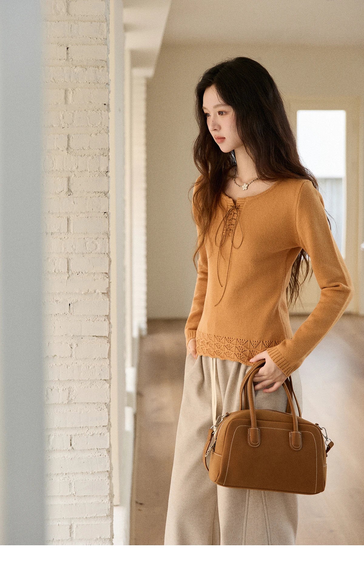 Mishow Beige Contrast French Hem Crochet Sweater MXE89Z2634