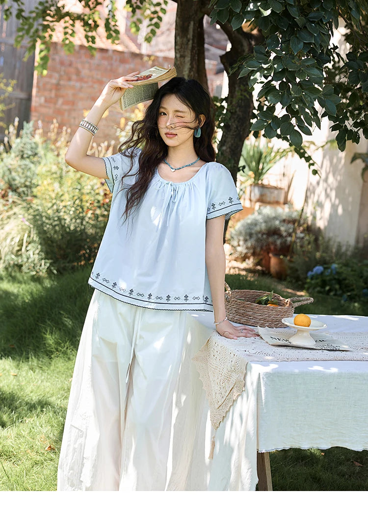 MISHOW Cotton Blouse Round Neck Lace Up Puff Sleeve MXE39X1966