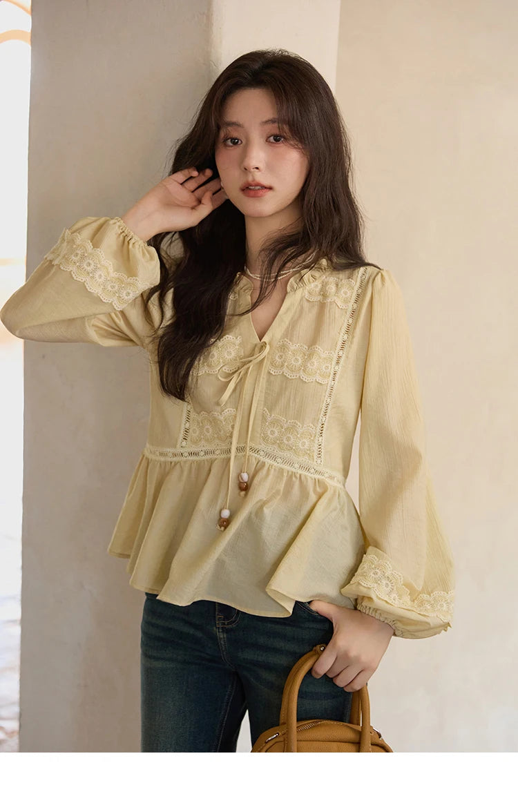 MISHOW French V-Neck Blouse Lace Patchwork Lantern Sleeve MXE41X1925