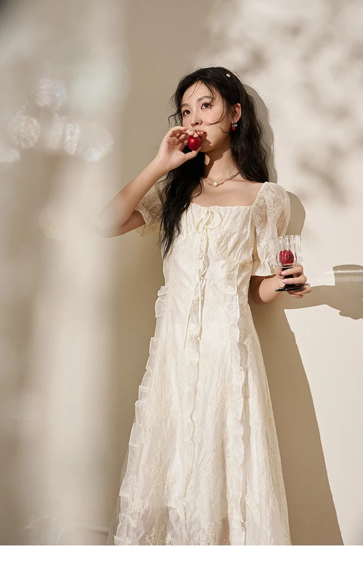 Mishow Square Neck Vertical Stripe Ruffle Dress MXD27L1808