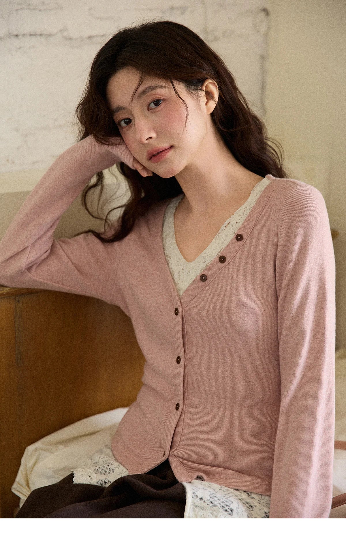 Mishow V-Neck Lace Trim Knit Top MXE86Z2673