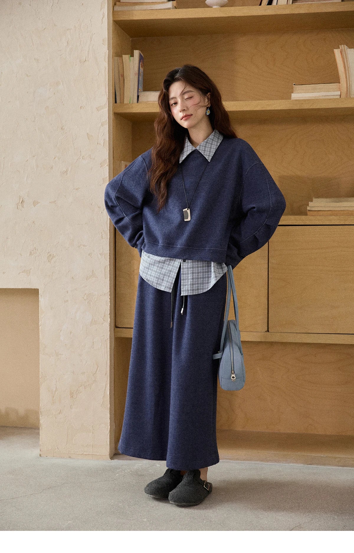 Mishow Blue Plaid Knit Top & Straight Skirt Set MXE87T1445