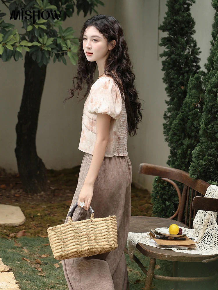 MISHOW Contrast Halo Print Blouse Square Collar Puff Sleeve MXD30X1562