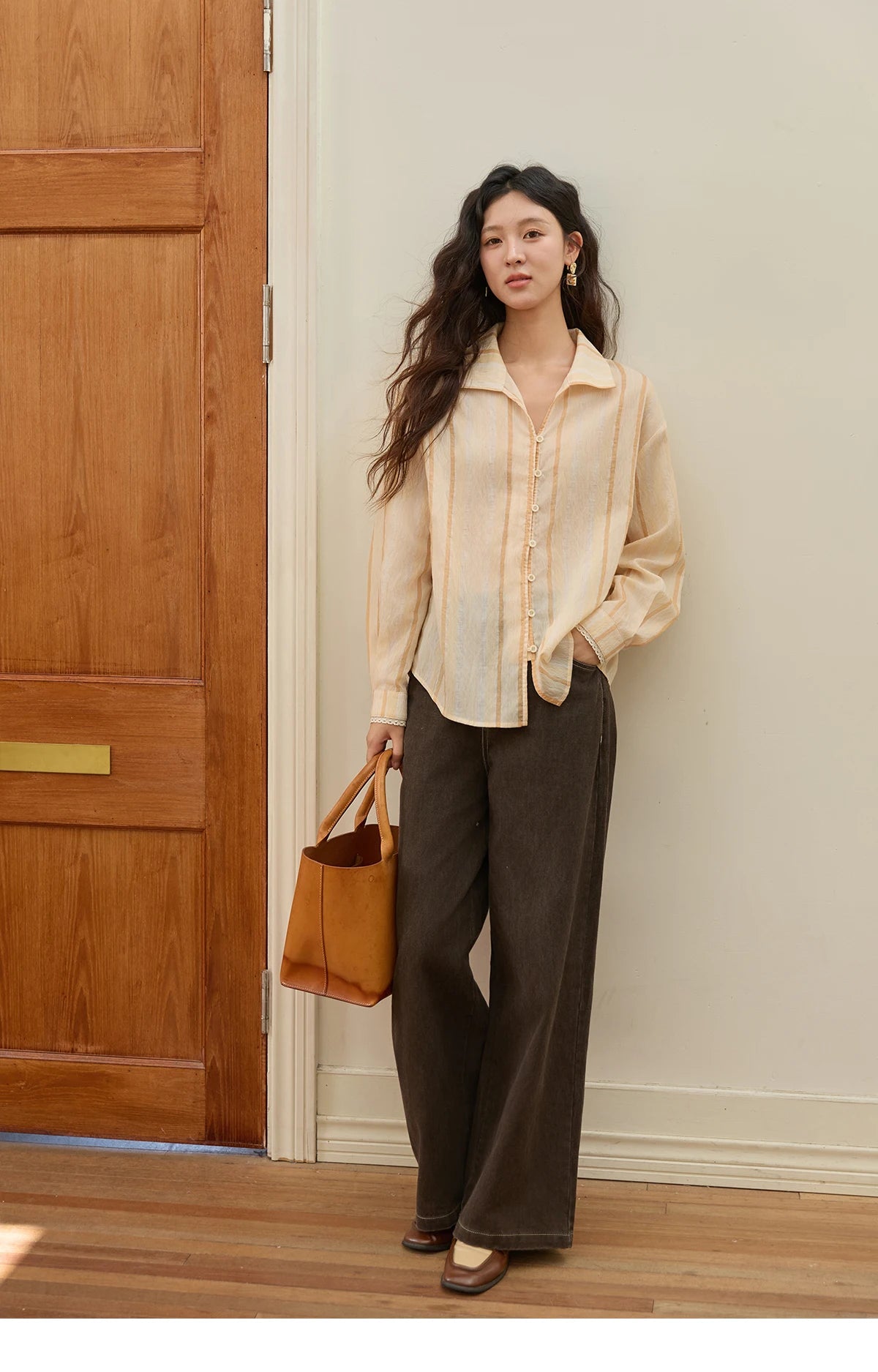 MISHOW Orange Stripe Linen Shirt Lapel Collar Lace Trim Cuffs MXE43C2379