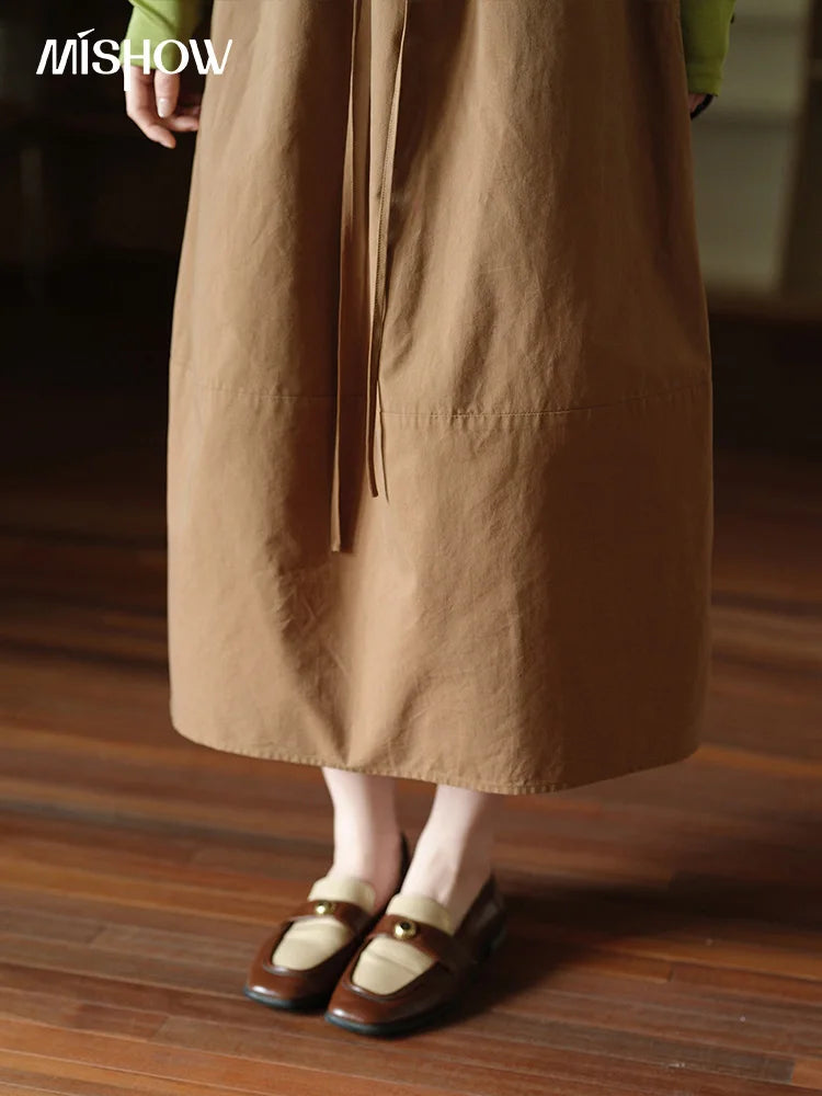 MISHOW Brown Cotton Bud Skirt Elastic Drawstring High Waist Pocket MXE41B2367
