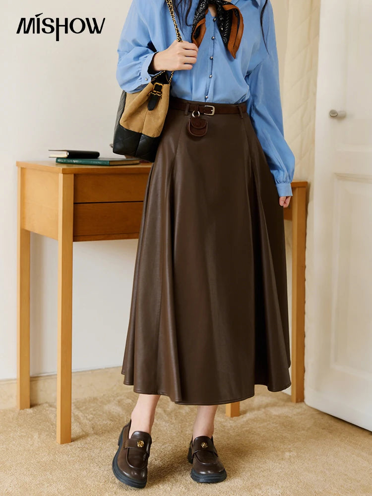 MISHOW PU Leather A-Line Skirt High Waist Retro Coffee MXE45B2412