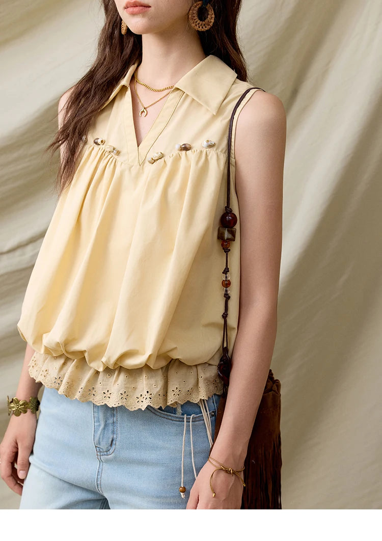 MISHOW Sleeveless Blouse Turn-Down Collar Hollow Lace MXE31X1760