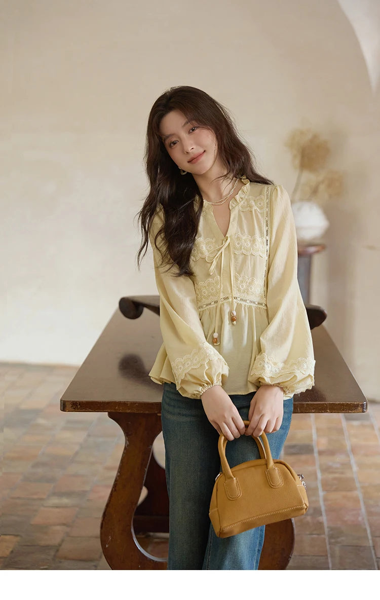MISHOW French V-Neck Blouse Lace Patchwork Lantern Sleeve MXE41X1925