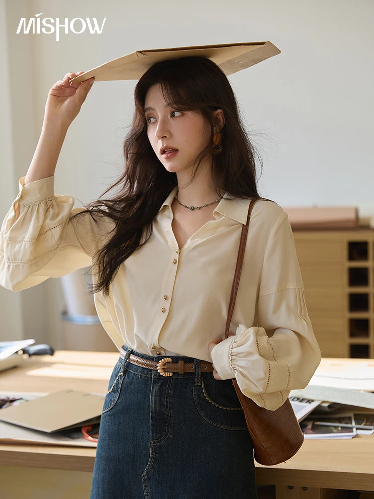 MISHOW Women's Lantern Sleeve Hollow Out Shirt Lapel Solid Top MXE41C2359