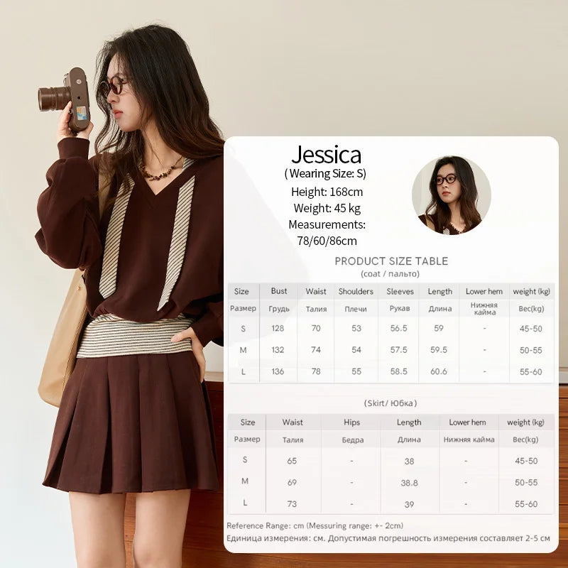 Mishow Retro Brown V-Neck Sweatshirt & Pleated Skirt Suit MXE47T1415