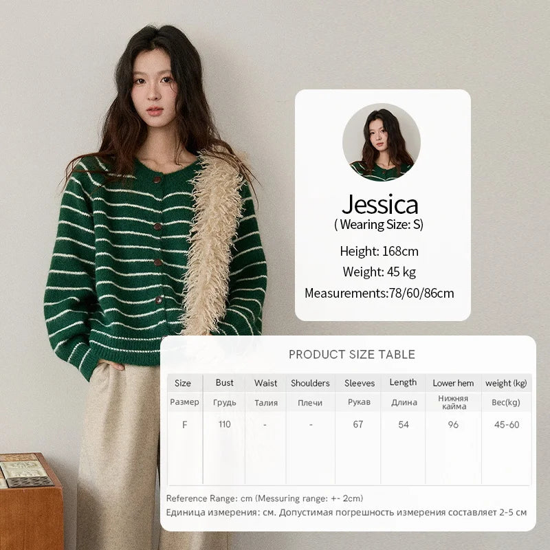 Mishow Green Striped Wool Blend Retro Cardigan MXE86Z2735