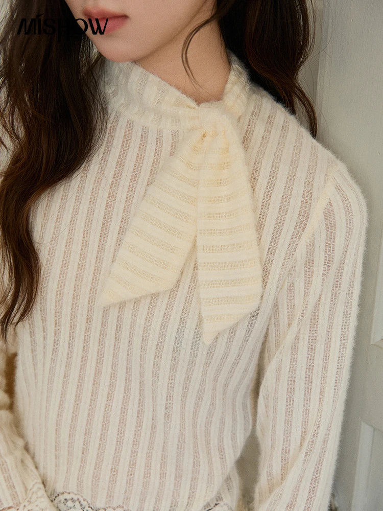 Mishow French Lace-Up Vertical Stripe Knit Top MXE92Z2797