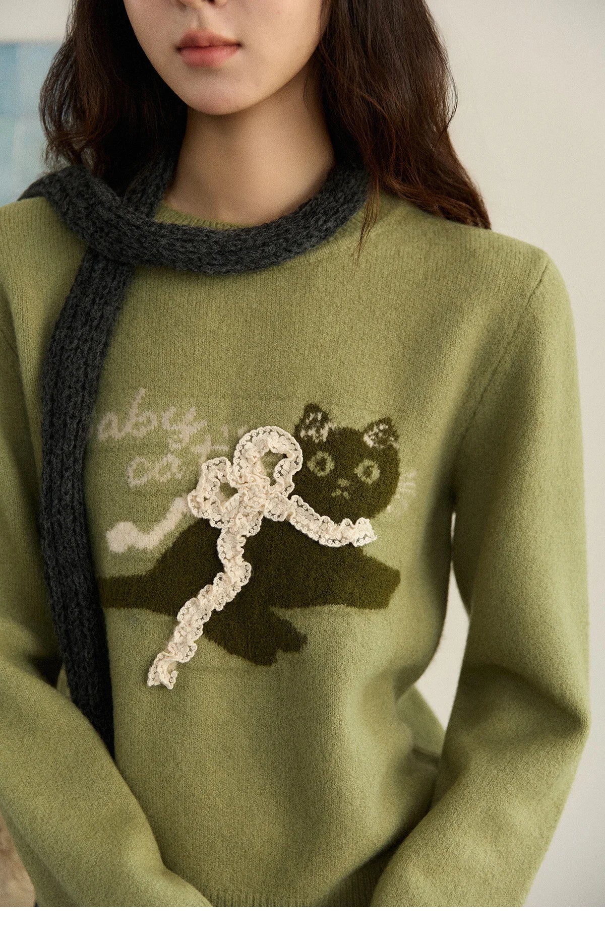 Mishow Cat Jacquard Three-Dimensional Bow Pullover MXE86Z2750
