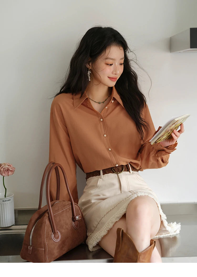 MISHOW Women's Color Block Shirt Pleated Cuffs Lapel Top MXE41C2352