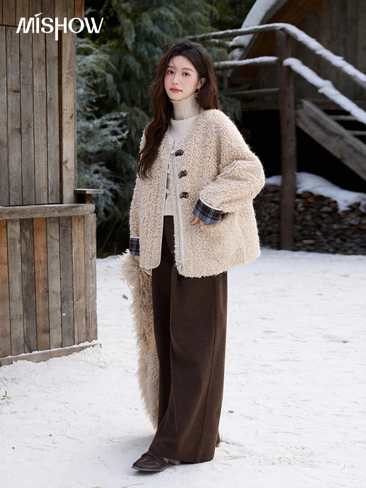Mishow Plaid Patchwork Curly Lambswool Coat MXE87W0939