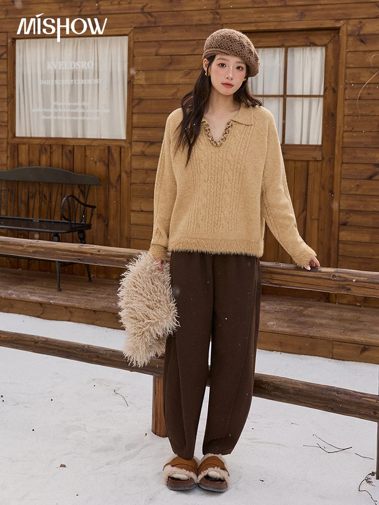 Mishow Yellow Cable Plush Hem Stitching Sweater MXE88Z2674