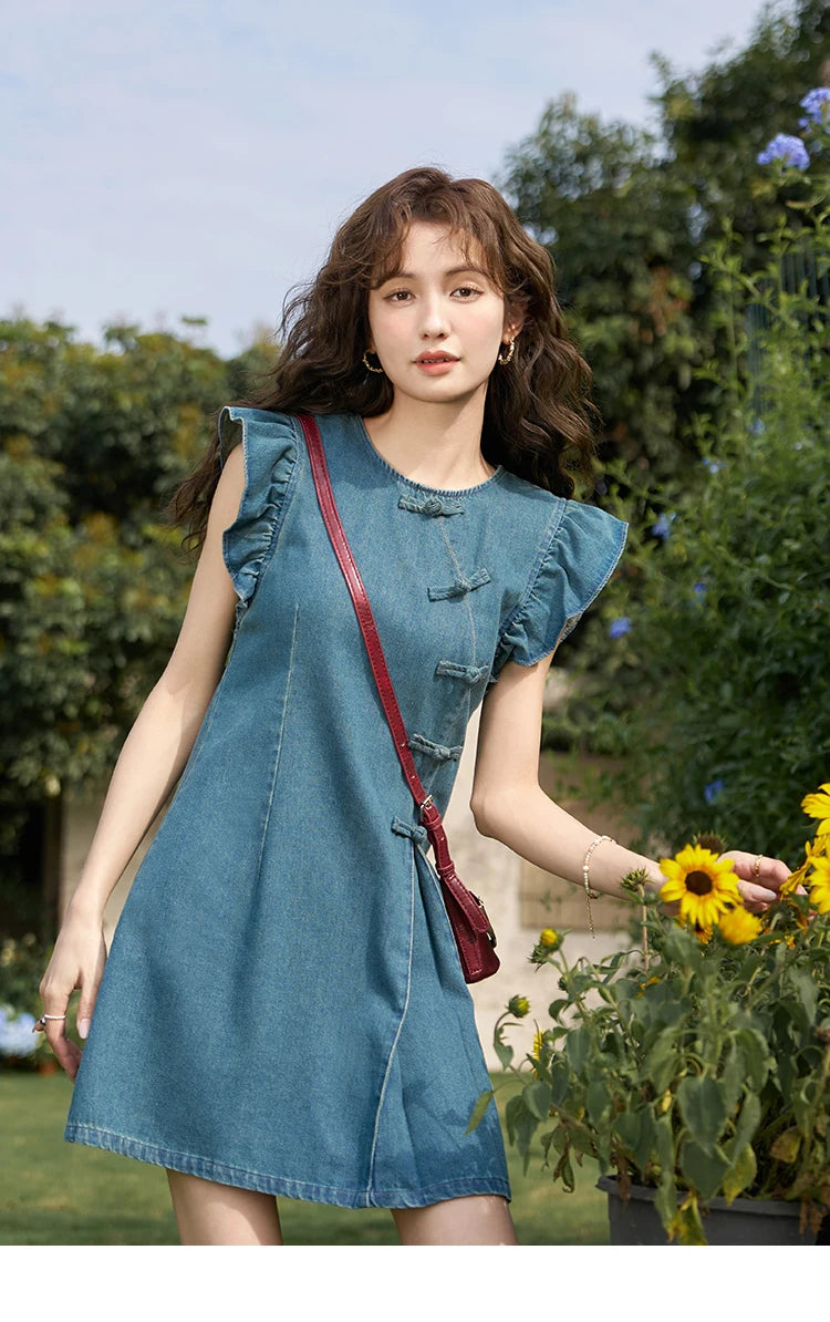Mishow Chinese Flying Sleeve Split Denim Dress MXD22L1851