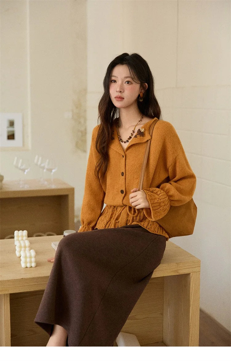 Mishow Orange Openwork Crochet Flared Sleeve Cardigan MXE87Z2685