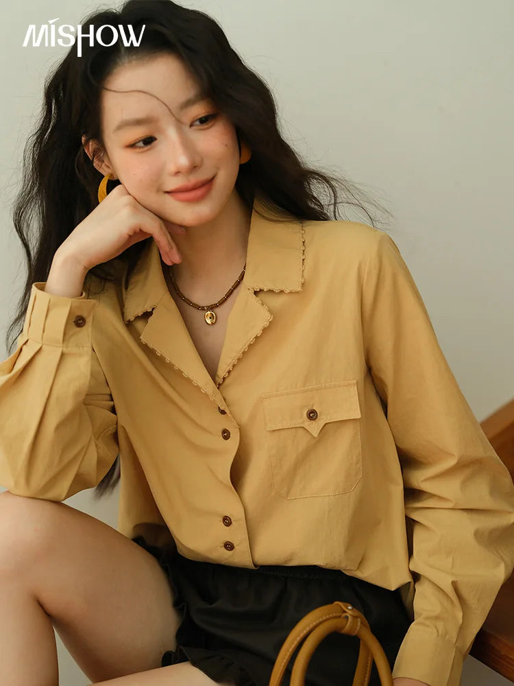 MISHOW Yellow Lapel Cotton Shirt Contrast Button Pocket MXE41C2356