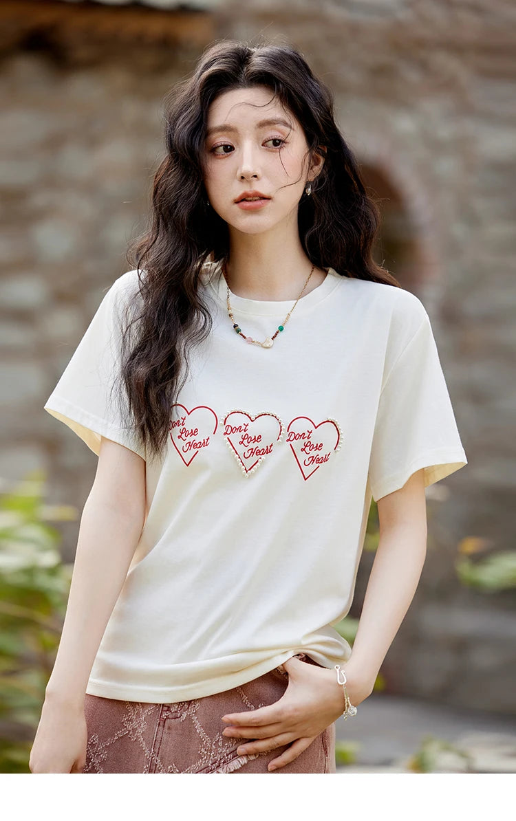 Mishow Apricot Heart Print Positive Shoulder Tee MXE11T0491
