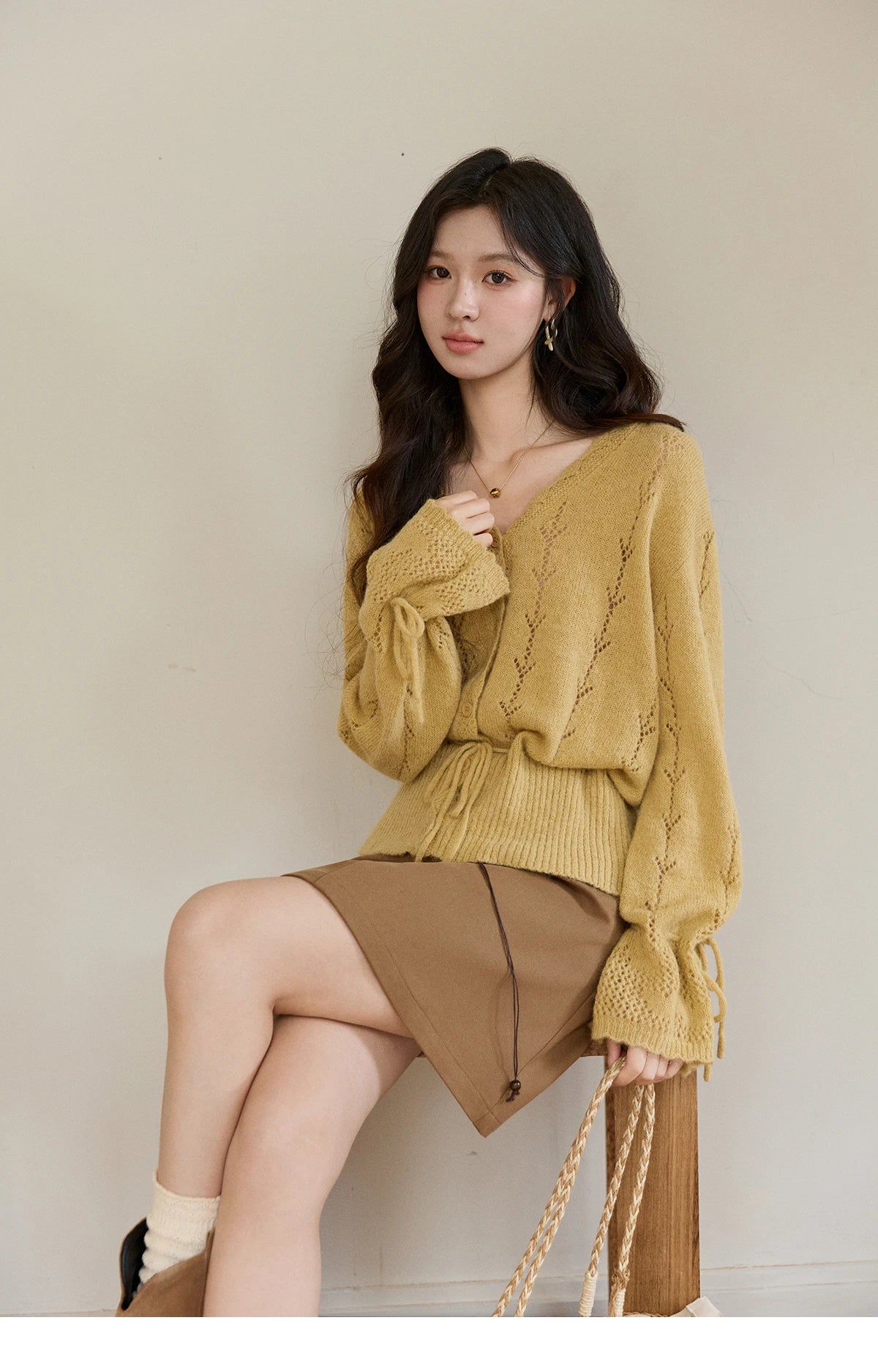 Mishow Yellow Hollow V-Neck Drawstring Cardigan MXF108Z1022