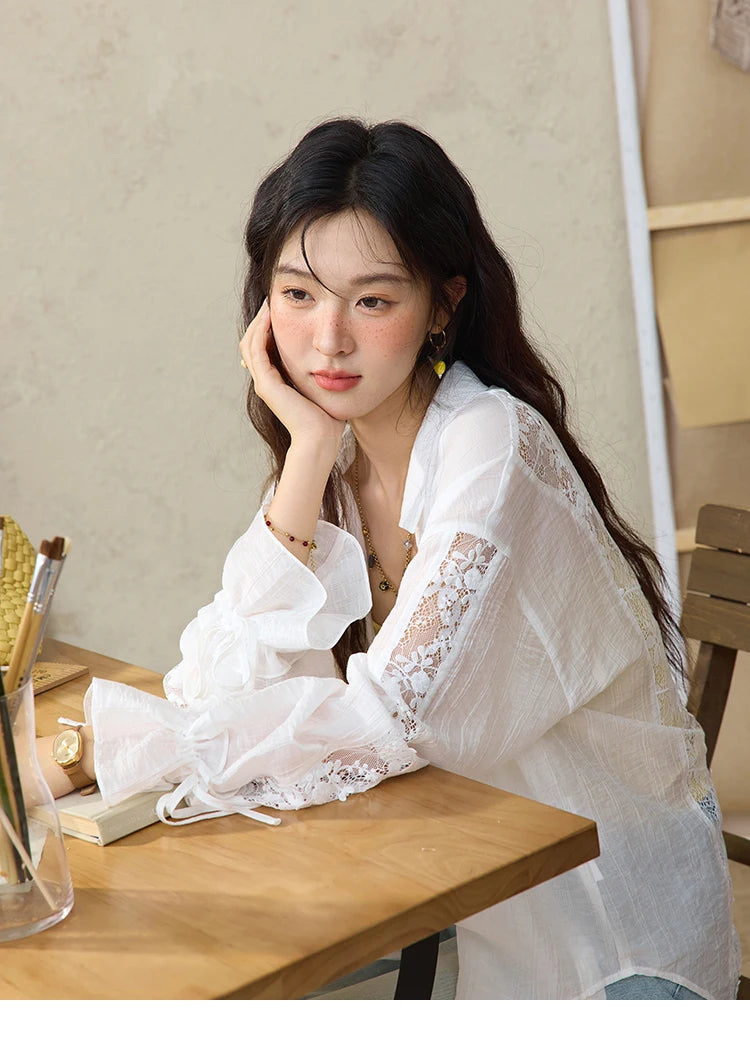 MISHOW Women's Patchwork Lace Shirt Lapel Drop Sleeve Drawstring Cuffs MXE31C0789