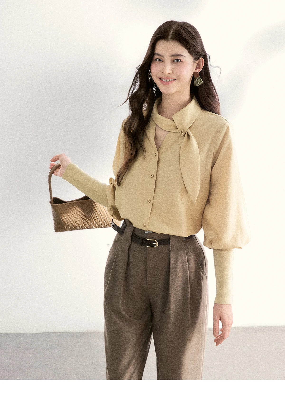 MISHOW Women's Tie Neck Shirt Hollow Out Knitted Patchwork Puff Sleeve MXF108C0812