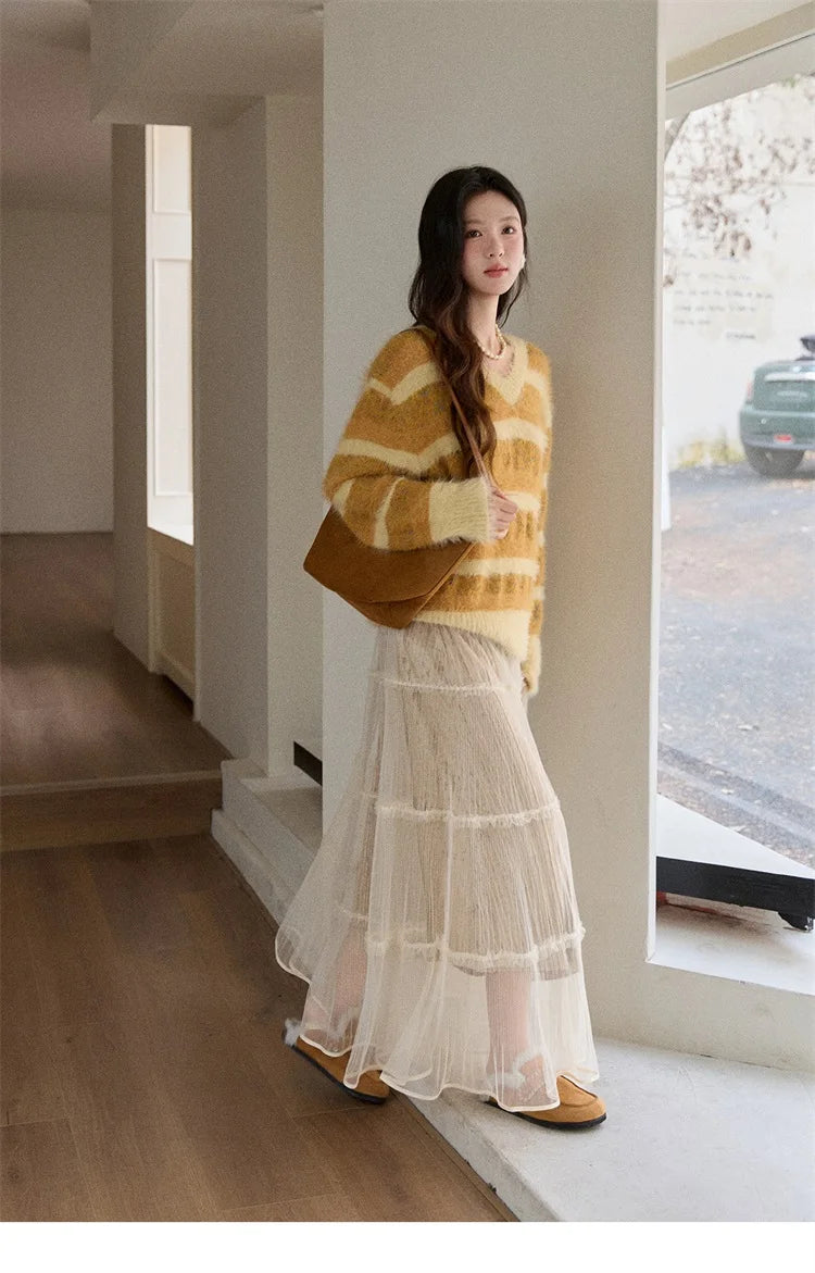 Mishow Retro Yellow Striped Faux Mink Jacquard Sweater MXE87Z2766