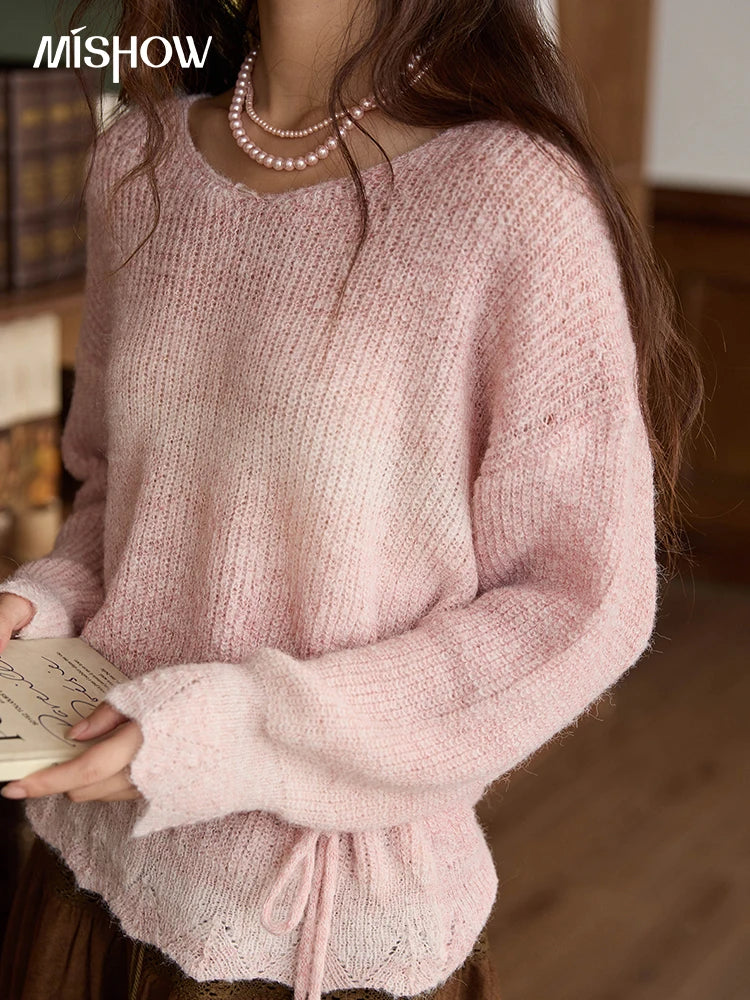 Mishow Pink Gradient Ribbed Cuff Sweater with Rope MXE43Z1334
