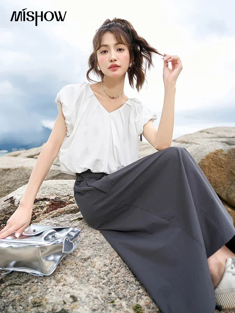 MISHOW French Rear Collar Tie Blouse V-Neck Puff Sleeve MXC38X1275