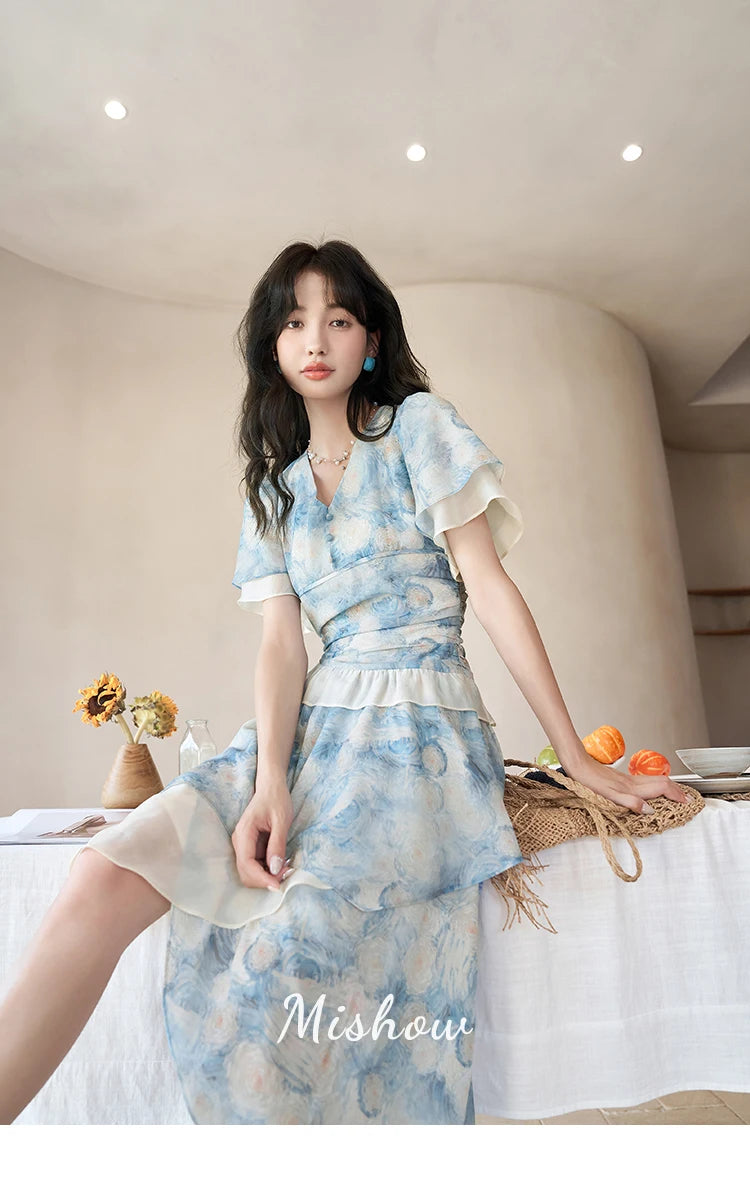 Mishow Van Gogh Double Layer Sleeve Asymmetrical Dress MXC39L1527