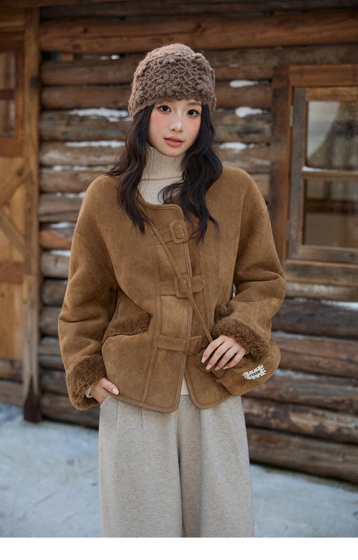 MISHOW Brown Round Neck Coat Button Pockets Loose Windproof MXE90W0994